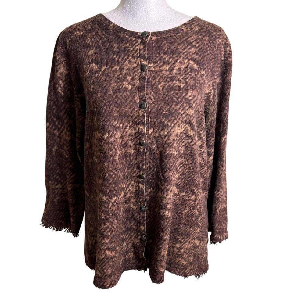 Coldwater Creek‎ Cotton Cashmere Knit Cardigan Brown Camo Abstract Sweater L